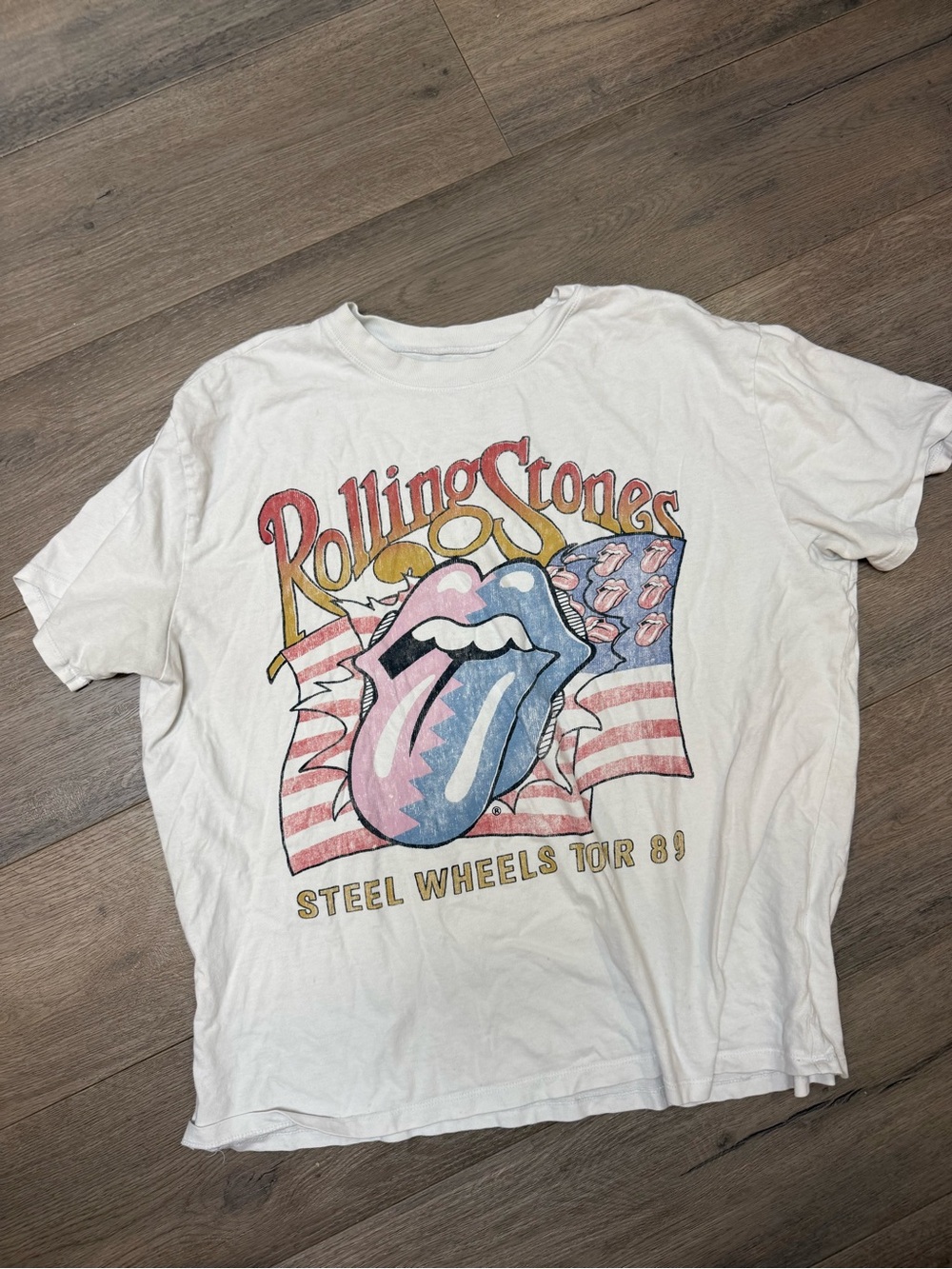 Abercrombie & Fitch White Rolling Stones Graphic Tee with Pink & Blue Logo